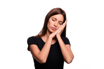 Fototapeta premium Isolated in white background brunette woman saying sleep in spanish sign language