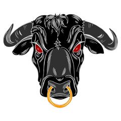 Black bull head with red eyes and nose ring