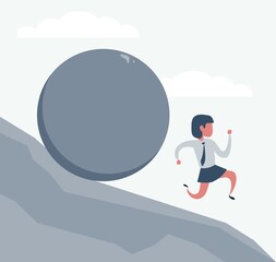 Problems Of Business - businesswoman running from a rolling stone. Vector illustration, Minimalist white gray flat business style modern design.