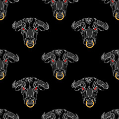 Bull heads on black background, seamless