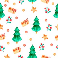 Seamless watercolor pattern  with christmas eve, candy and gif box. Hand drawn illustration can be used for greeting cards, textile printing, wallpaper, wrapping paper and other