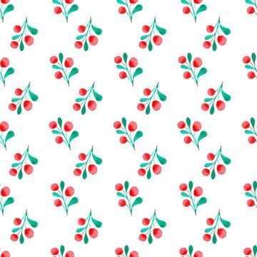 Seamless christmas watercolor pattern with and berries on the white background, can be used for greeting cards,textile printing, banners, wallpaper and more