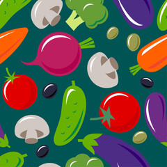 Vegetables mix seamless pattern. Tomatoes, eggplants, cucumbers, broccoli, carrots, beetroot, mushrooms, olives. Original simple flat illustration