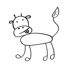 Doodle cow hand drawn in black on white background smiling calf happy Christmas bull Chinese new year