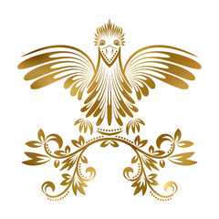 Patterned golden bird with outstretched wings. Ethnic coat of arms in tribal totem style.