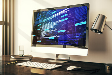 Modern computer monitor with abstract programming language, research and development concept. 3D Rendering