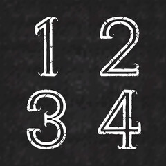 One, two, three, four white numbers of shabby paint on a black marble surface. Outline font with cracks in grunge style.