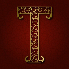 Golden ornamental letter T with flourishes on red patterned background.