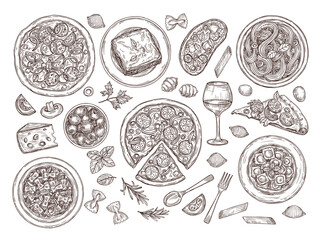 Pizza and pasta. Italian food, doodle variety dishes tomato wine. Hand drawn traditional cuisine of italy, spaghetti plate cheese vector set. Illustration pizza and pasta cooking, menu food