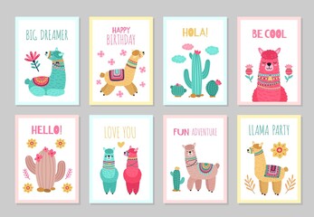 Llama cards. Beautiful invitations, alpaca flower colorful birthday invites. Babies kids posters with cactus cute wild animals vector set. Illustration alpaca card, greeting colored traditional poster