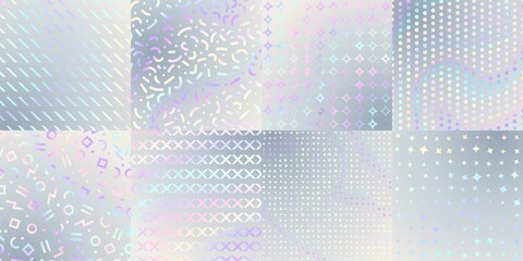 Holographic textures. Iridescent foil, hologram poster cover or print. Metallic rainbow, abstract art gradient glitter patterns vector set. Illustration texture iridescent, hologram background - obrazy, fototapety, plakaty