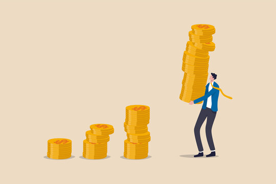 Compound interest effect, high return investment stock market or growth and prosperity economic concept, businessman investor holding high stack of dollar money coins to put as growth compound graph.