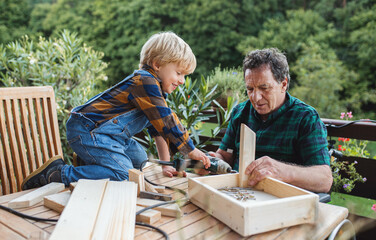 Small boy with senior grandfather in wheelchair constructing birdhouse, diy project.