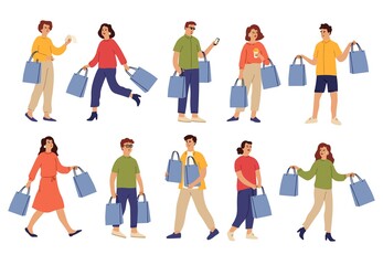 Fototapeta na wymiar People with purchases. Shopping bag, shop guy and female buying on crazy sale. Isolated shopper character, happy person in retail vector set. Guy and woman in retail with purchase illustration