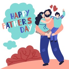 Happy fathers day. Dad hugging child, celebrate card with fun male and kids. Childhood, man spend time daughter son vector concept. Father day, dad card holiday, celebration template illustration