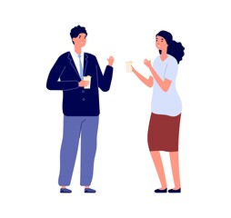Fototapeta premium Business conversation. Businesspeople talking, man woman holding eco mugs. Manager on lunch or coffee break, isolated flat office workers vector characters. Illustration business conversation meeting