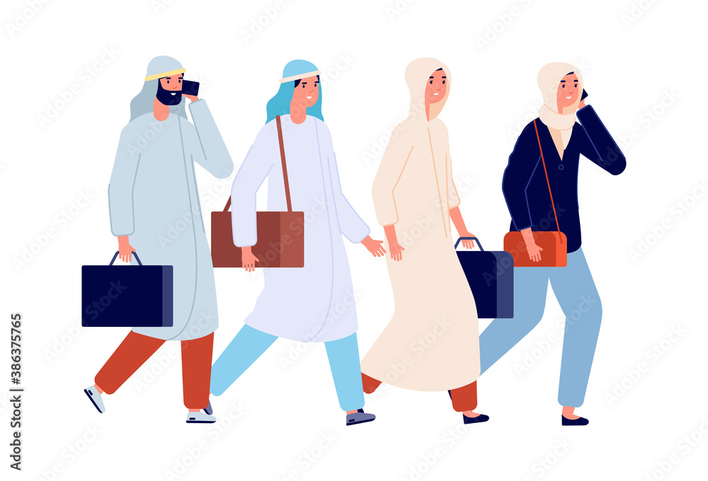 Poster Successful business team. Arab female working, man woman office managers. Friends walking together, friendship or teamwork vector illustration. Team female and male, teamwork businessman businesswoman