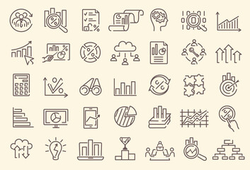 A set of outline business analytics, data analysis, statistics dedicated minimal thin line vector web icons.
