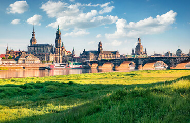 Wonderful spring view of Cathedral of the Holy Trinity or Hofkirche, Bruehl's Terrace or The...