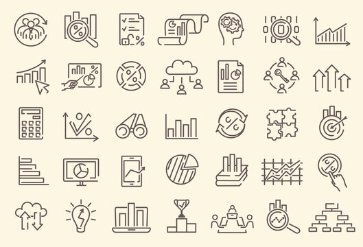 A set of outline business analytics, data analysis, statistics dedicated minimal thin line vector web icons.