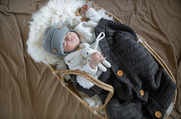 The baby sleeps sweetly in a wicker cradle in a warm knitted hat under a warm blanket. Carefree baby sleep concept.