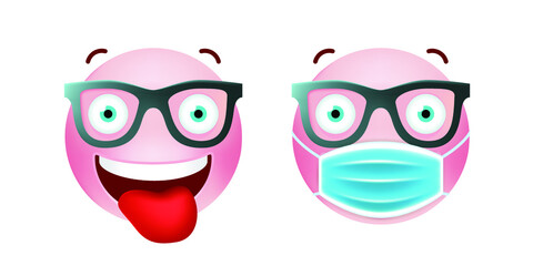 Cute Pink Emoticon with Cartoon Style with Medical Facial Mask on White Background . Isolated Vector Illustration 