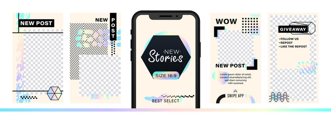 Set of abstract trendy design for stories with dispersion effect.  Editable template for social networks stories. For create trendy stories, sales, poster, new posts in memphis and hipster style.
