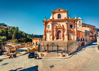 Attractive spring cityscape of Ragusa town with Church Holy Souls in Purgatory. Bright morning scene of Sicily, Italy, Europe. Traveling concept background.