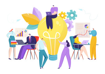 Work people with creative idea, vector illustration. Business team flat technology, teamwork character concept design. Analytics communication at background, office bulb company solution.
