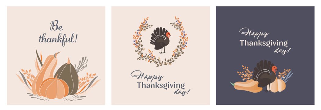 thanksgiving day, pumpkin illustration card, set of vector cards, autumn collection, turkey vector, costal media post, be thankful 