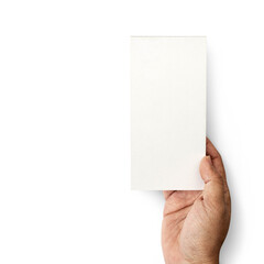 Hands holding mini book top view on white desk background