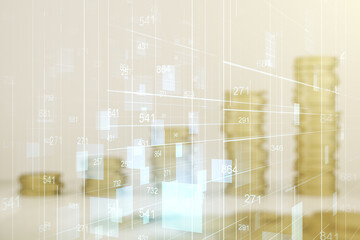 Fototapeta premium Double exposure of abstract virtual statistics data hologram on growing stacks of coins background, statistics and analytics concept