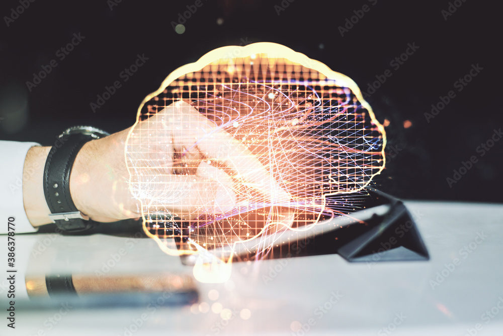 Aufkleber double exposure of creative human brain microcircuit and hand working with a digital tablet on backg