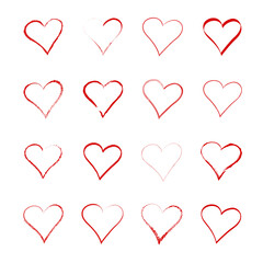 Red heart hand drawn icons set isolated on white background. Collection of hand drawn hearts for love symbol, wallpaper and Valentine's day. Creative outline frame. Heart and love vector