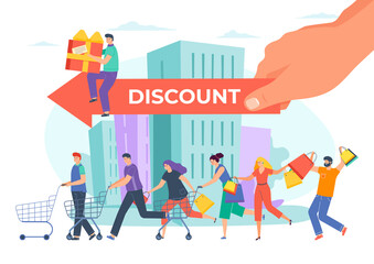 Business cartoon discount, sale for character vector illustration. Person shopping with flat bag, people running at store. Advertising banner at background, offer promotion and retail shop.