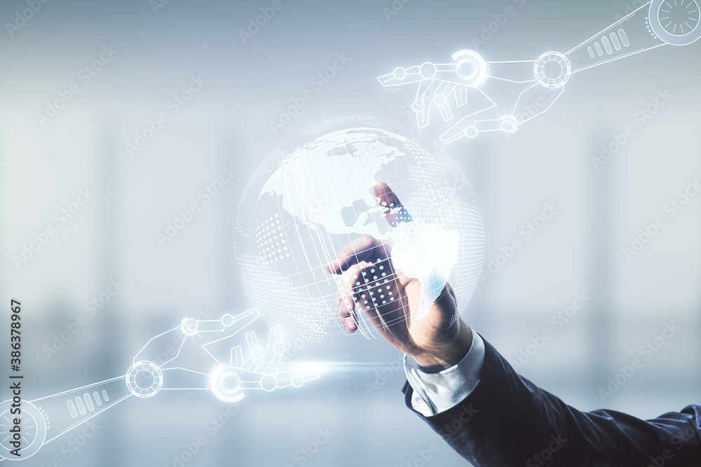 Poster man hand working with abstract virtual robotics technology hologram with globe on blurred office bac