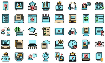 Online training icons set. Outline set of online training vector icons thin line color flat on white