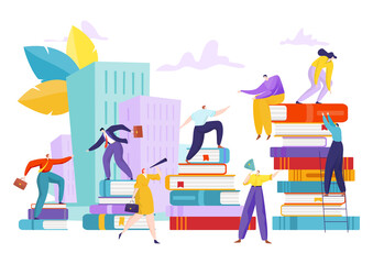 Education learning with book, success student people vector illutration. School goal achievement, man woman climb concept. Person study for cartoon career, graphic literature design.