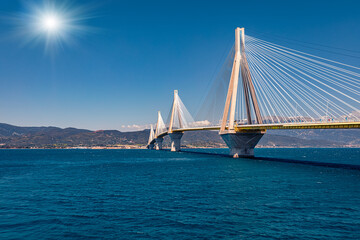 Bright morning view of Rion-Antirion Bridge. Spectacular summer scene of the Gulf of Corinth, Greece, Europe. Beauty of nature concept background..