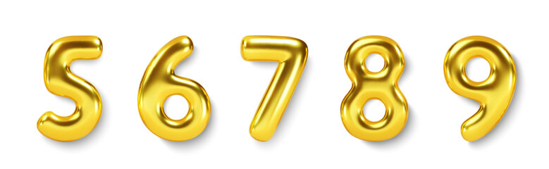 Gold Number Balloons set. Vector realistic golden3d character - obrazy, fototapety, plakaty