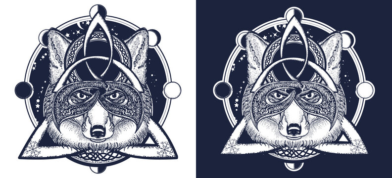 Fox viking tattoo and t-shirt design. Black and white vector graphics