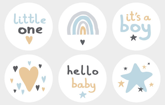 Naklejki Simple Scandinavian Style Vector Baby Shower Party Tags. Round Shape Stickers with Rainbow, Stars and Hearts. It's a Boy. Funny Pastel Color Infantile Style Candy Bar Cake Toppers. Hello Little One.