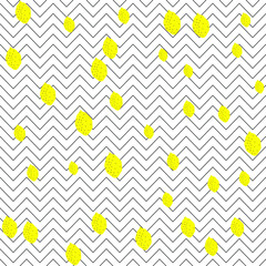 Seamless vector yellow lemons on black and white striped zigzag pattern. 10 eps chaotic citrus and lemon background for design, textile, fabric, cover, wrapping, advertising banner.