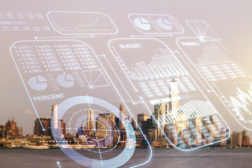 Multi exposure of stats data illustration on New York city skyline background, computing and analytics concept