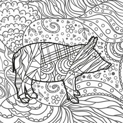 Patterned pig. Hand drawn ornaments. Abstract patterns on isolated background. Design for spiritual relaxation for adults. Black and white illustration