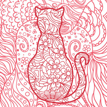Square intricate background. Hand drawn patterned cat. Design for spiritual relaxation for adults