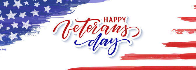 Happy Veterans day. Typography card. Modern black and white brush calligraphy text. Hand drawn lettering typo vector illustration. Isolated on white background