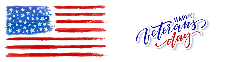 Happy Veterans day. Typography card. Modern black and white brush calligraphy text. Hand drawn lettering typo vector illustration. Isolated on white background