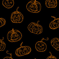 Halloween seamless pattern of black and white pumpkins with carving scary smiling cute glowing faces. design for holiday greeting card and invitation, flyers, posters, banner halloween party holiday