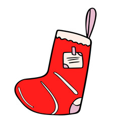 Christmas red sock vector hand drawn. Holiday stocking for gifts with greeting card and wishes.  Xmas attribute of Santa Claus present sign. Illustration in cartoon style.